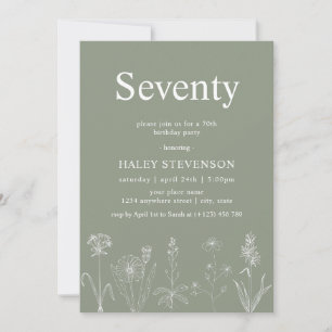 Wildflower Floral Seventy Sage Green 70th Birthday Invitation