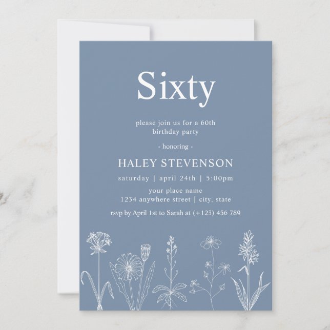 Wildflower Floral Sixty Dusty Blue 60th Birthday Invitation (Front)