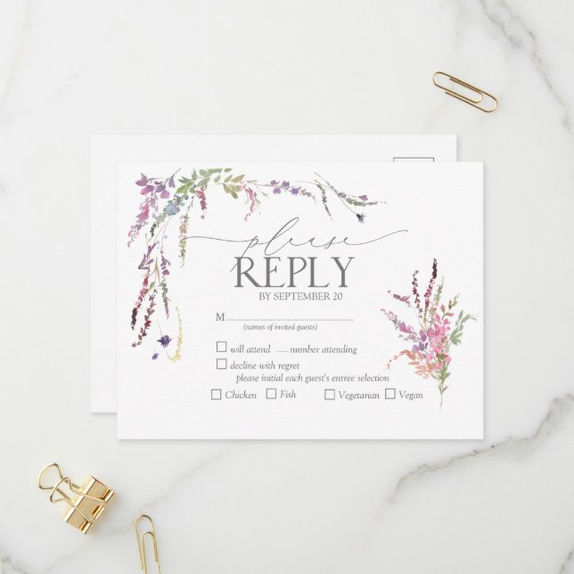 Wildflower Floral Watercolor Wedding RSVP Invitation Postcard (Front/Back In Situ)