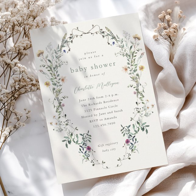 Wildflower Floral Wreath Spring Baby Shower Invitation (Wildflower wreath boho spring baby shower invitations.)
