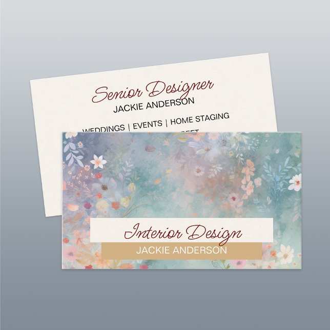 Wildflower Foliage Pink Blue Watercolor Business Card (Creator Uploaded)