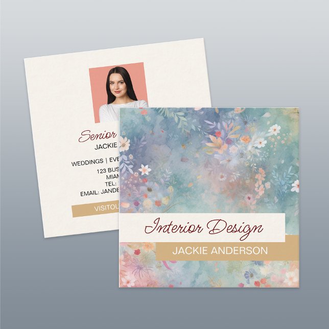 Wildflower Foliage Pink Blue Watercolor Square Business Card (Creator Uploaded)