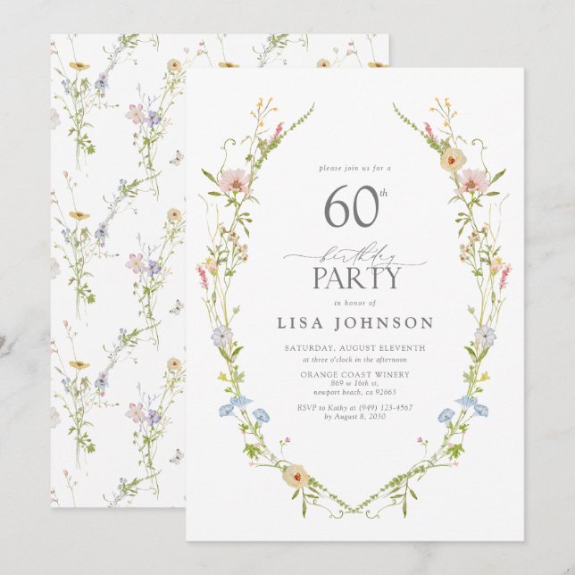 Wildflower Garden 60th Birthday Party Watercolor Invitation (Front/Back)