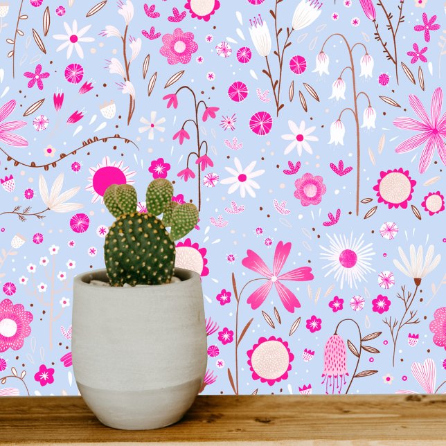 Wildflower Garden Blue Pink Floral Wallpaper (Pretty pink, blue and white wildflower art wallpaper)