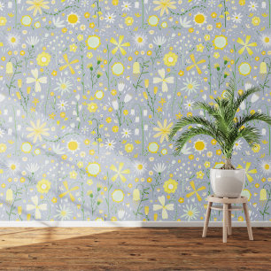 Wildflower Garden Blue Yellow Floral Wallpaper