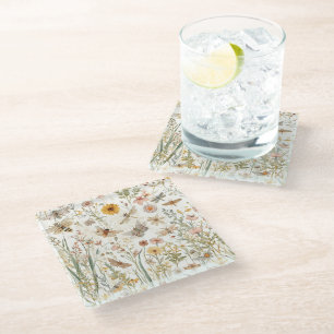 Wildflower Garden Botanical Butterflies Floral Glass Coaster