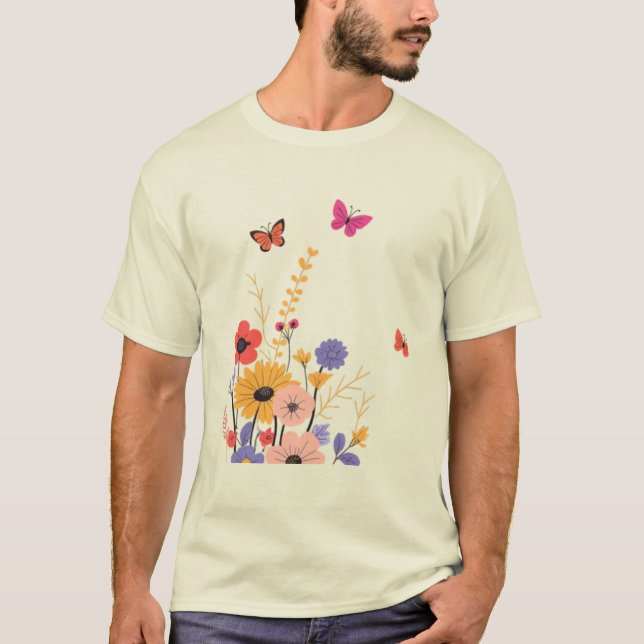 Wildflower Garden & Butterflies Folk Art  T-Shirt (Front)