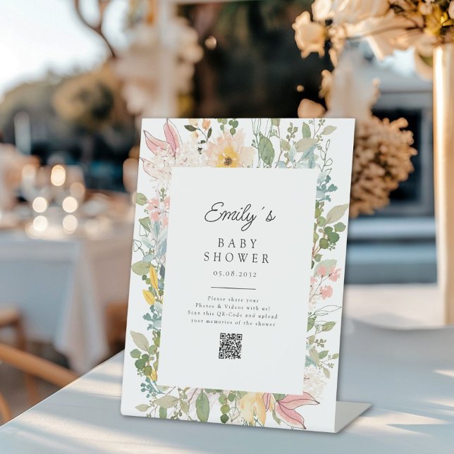 Wildflower Garden Charm Baby Shower QR Code Pedestal Sign (Custom Wildflower Garden Charm Baby Shower QR Code Pedestal Sign, for a Photo Gallery.)