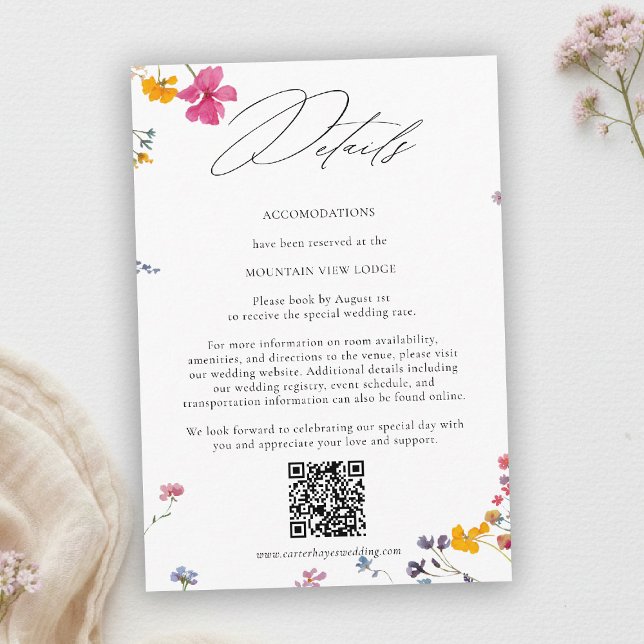 Wildflower Garden Elegant QR Code Wedding Details Enclosure Card (wildflower wedding details qr watercolor garden backyard barn summer spring elegant white)