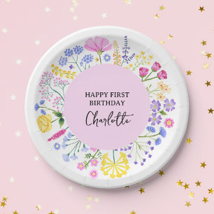 Wildflower Girls 1st Birthday Floral Wreath Paper Plate