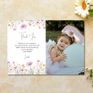 Wildflower Girls 1st Birthday Party Photo Thank You Card