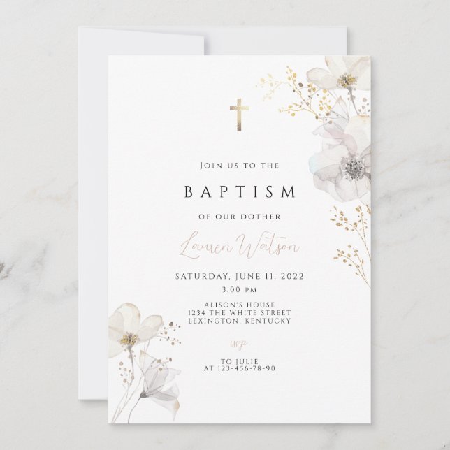 Wildflower gold cross Baptism  Invitation (Front)