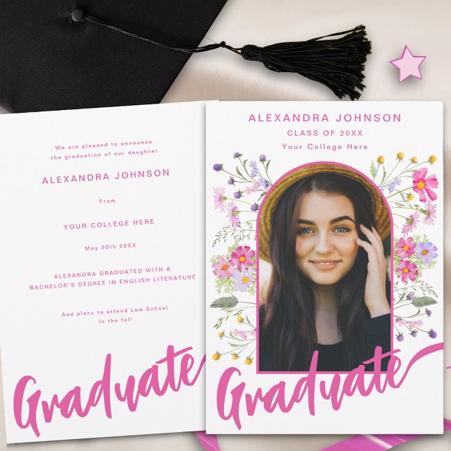 Wildflower Graduate Photo Arch Modern Pink Script Announcement (Boho floral pink script graduate photo graduation announcement card)
