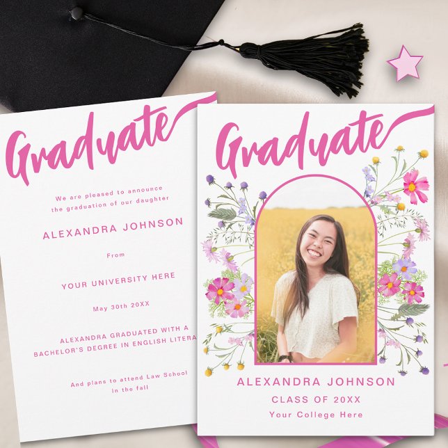 Wildflower Graduate Photo Arch Pink Script Announcement (Wildflower boho arch graduate photo hot pink script Graduation announcement card watercolor florals)