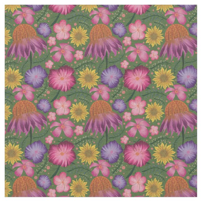 Wildflower Green Floral Pattern Fabric (Close Up)