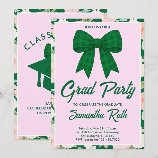 Wildflower Green Gingham Bow Graduation Party Invitation (Front/Back)