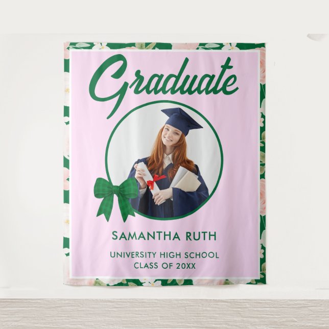 Wildflower Green Gingham Bow Photo Grad Backdrop Tapestry (Front)