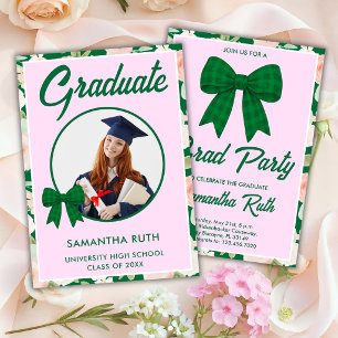 Wildflower Green Gingham Bow Photo Graduation Invitation