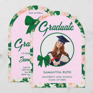 Wildflower Green Gingham Bow Photo Graduation Invitation