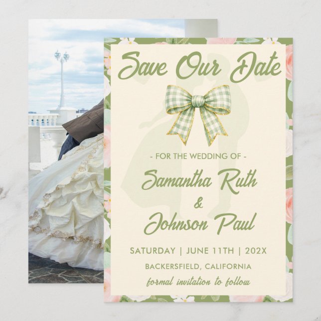 Wildflower Green Gingham Bow Photo Wedding Save The Date (Front/Back)