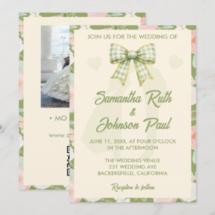 Wildflower Green Gingham Bow QR Code Photo Wedding Invitation