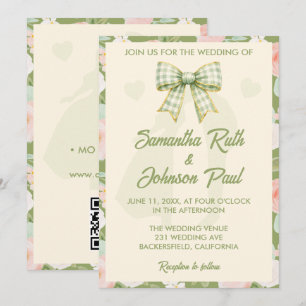 Wildflower Green Gingham Bow QR Code Wedding Invitation