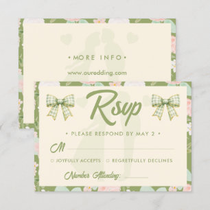 Wildflower Green Gingham Bow QR Code Wedding RSVP Card