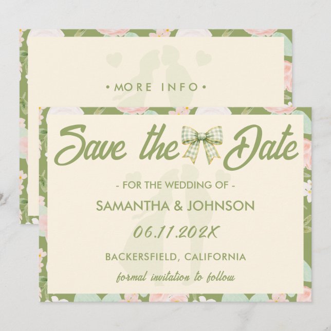 Wildflower Green Gingham Bow QR Code Wedding Save The Date (Front/Back)