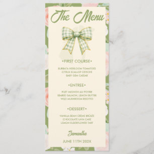 Wildflower Green Gingham Bow Wedding Menu Card