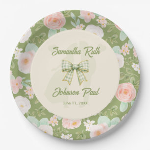 Wildflower Green Gingham Bow Wedding Paper Plate