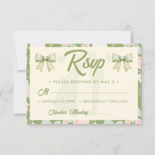 Wildflower Green Gingham Bow Wedding RSVP Card