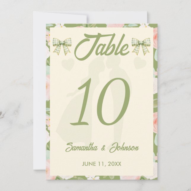 Wildflower Green Gingham Bow Wedding Table Number (Front)