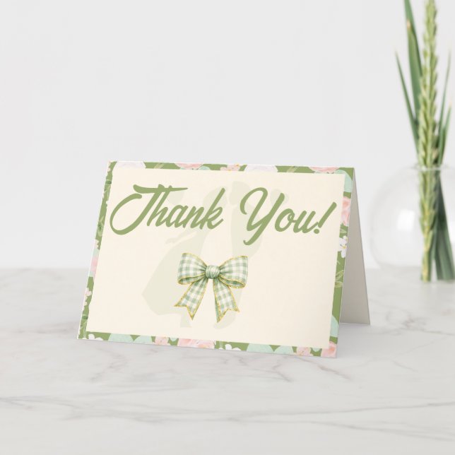 Wildflower Green Gingham Bow Wedding Thank You Card (Front)