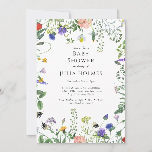 Wildflower Greenery | Bees Floral | Baby Shower Invitation (Front)