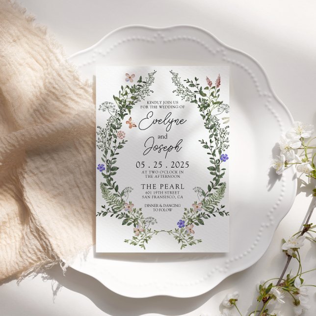  Wildflower Greenery Whimsical Wreath Wedding  Invitation (Creator Uploaded)