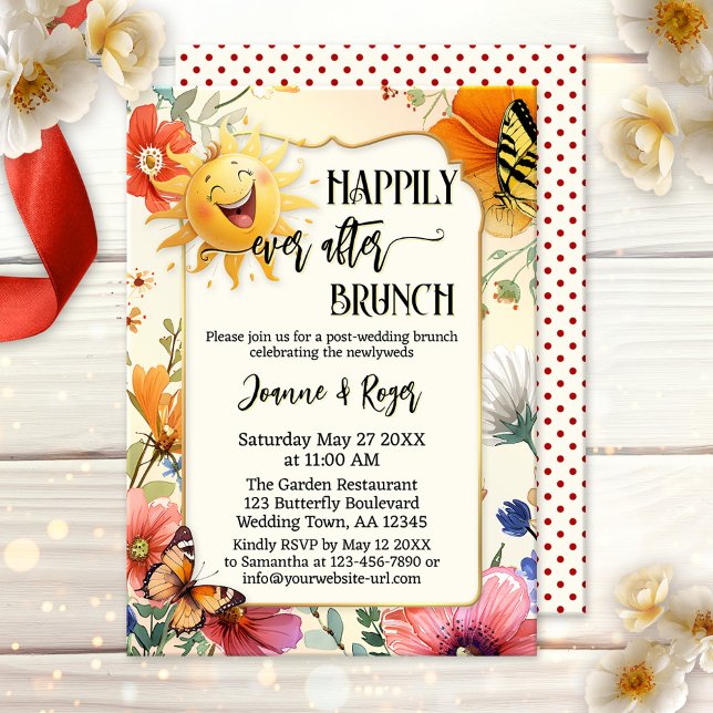 Wildflower Happily Ever After Wedding Brunch Invitation (After wedding brunch invitation featuring a cheerfully laughing sun with colorful wildflowers)