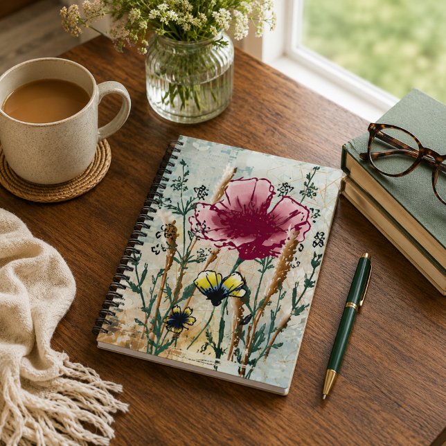 Wildflower Hardcover Journal (Wildflower journal with botanical artwork on a sunlit writing desk.)
