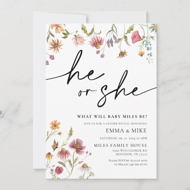 Wildflower He or She Gender Reveal Invitation (Front)