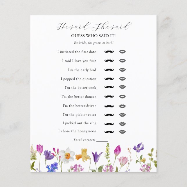 Wildflower He Said, She Said Bridal Shower Game (Front)