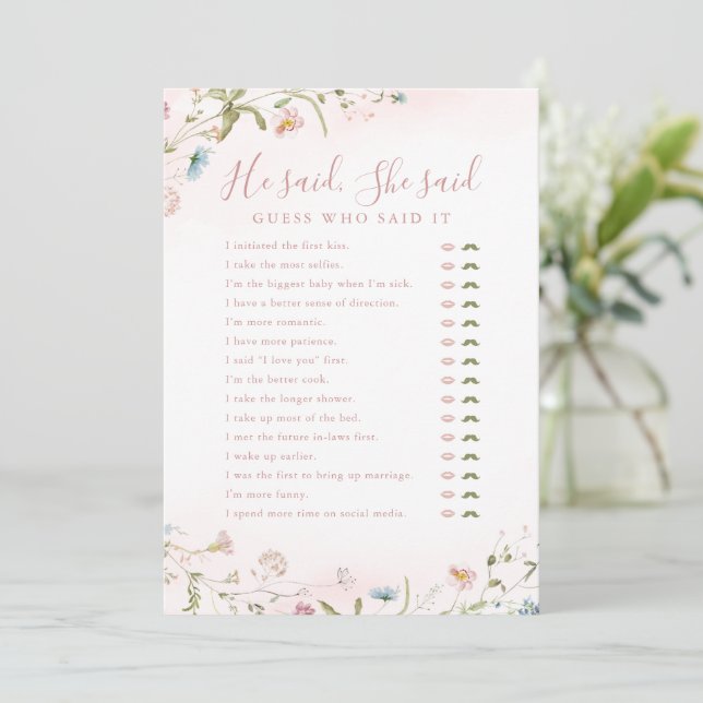 Wildflower He said She said bridal shower game Invitation (Standing Front)