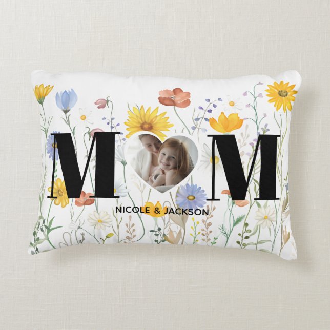 Wildflower Heart Photo Name Mother's Day Decorative Cushion (Back)