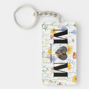 Wildflower Heart Photo Name Mother's Day Key Ring