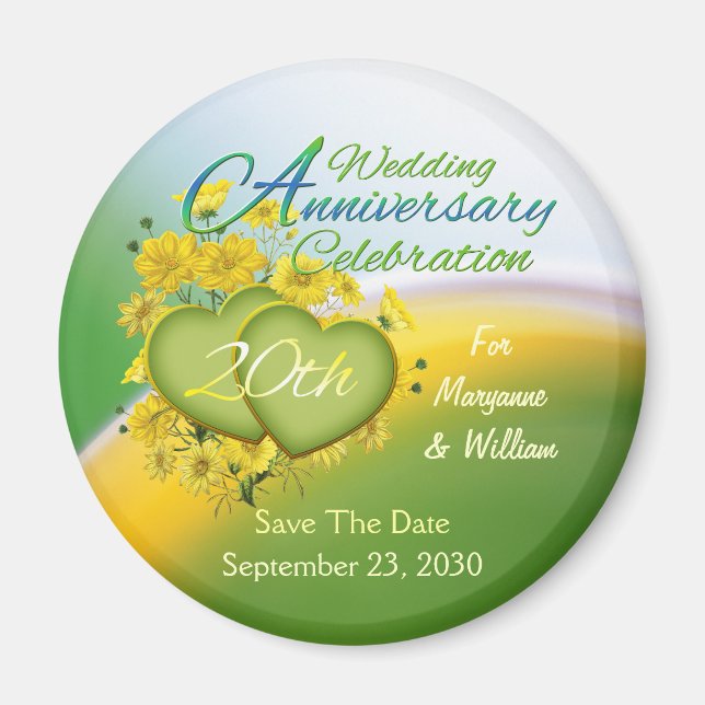 Wildflower Hearts 20th Wedding Anniversary Party Magnet (Front)