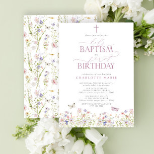 Wildflower Holy Baptism & 1st Birthday Pink Script Invitation