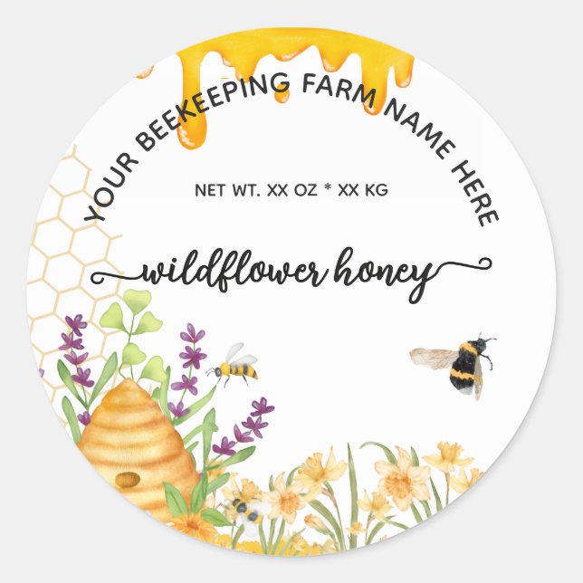 Wildflower Honey Jar Labels | Honeybee Bee Apiary (Front)
