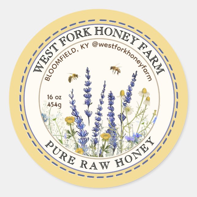 Wildflower Honey Label with Bees Dashed Border (Front)