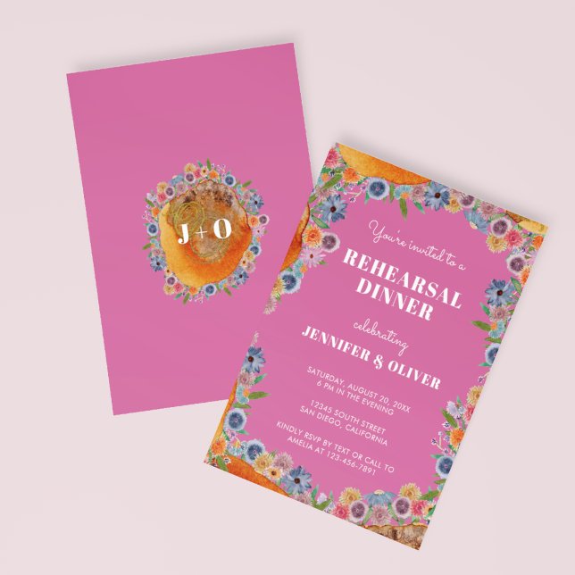 Wildflower Hot Pink Boho Chic Rehearsal Dinner Invitation (Front/Back)