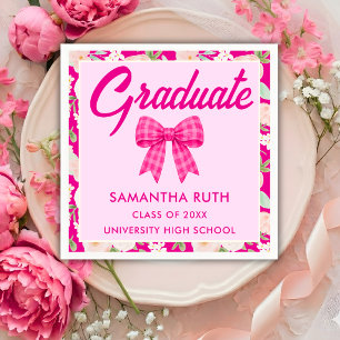 Wildflower Hot Pink Gingham Bow Graduation Party Napkin