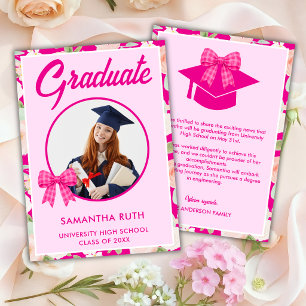 Wildflower Hot Pink Gingham Bow Photo Graduation Announcement