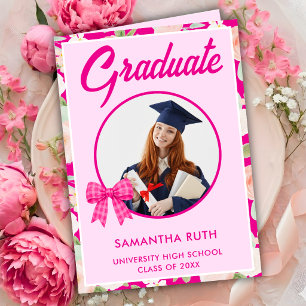 Wildflower Hot Pink Gingham Bow Photo Graduation  Card